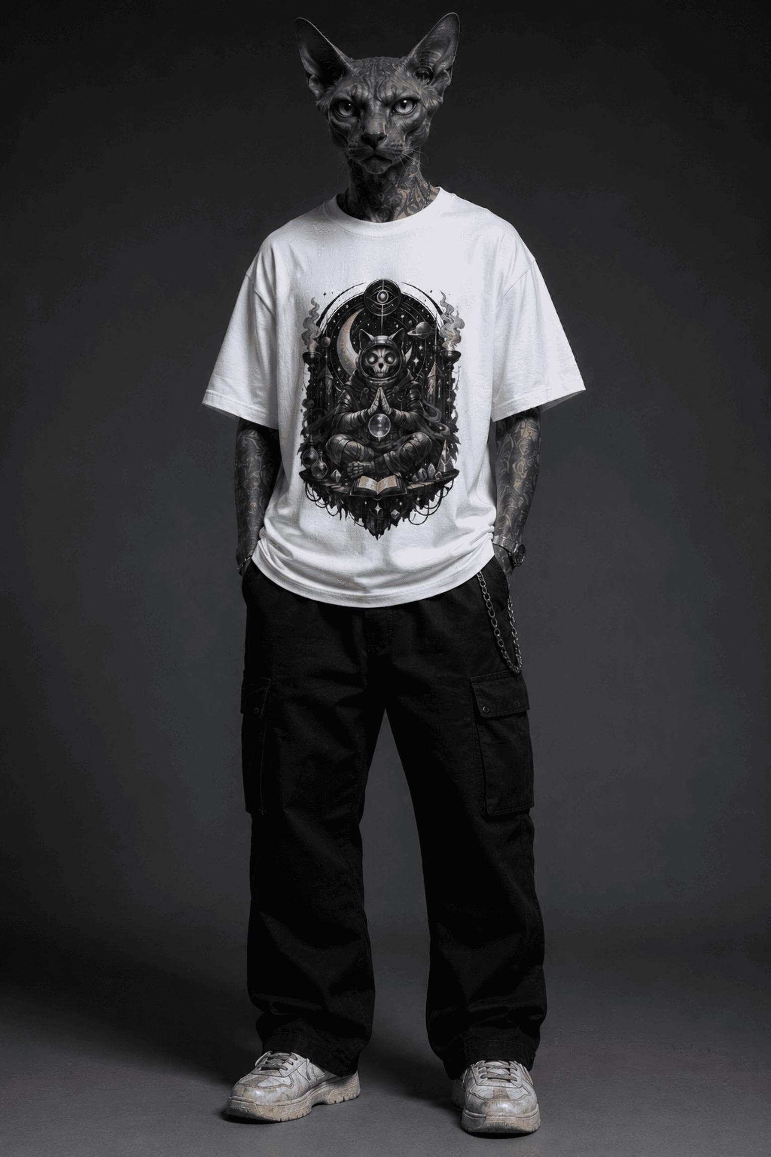 ONARIKA Cosmic Oracle Field Unit cat-headed editorial model wearing the white Comfort Colors 1717 front artifact t-shirt