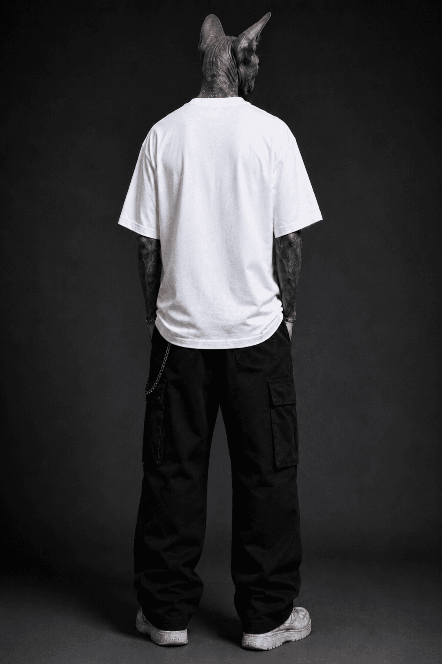 ONARIKA Cosmic Oracle Field Unit cat-headed editorial model back view wearing the white oversized tee