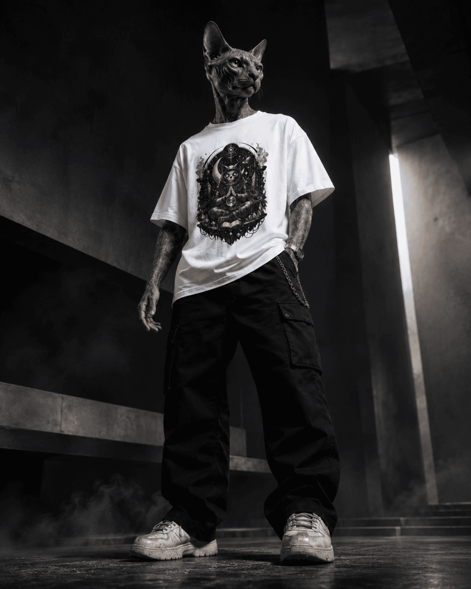ONARIKA Earth Not Included brutalist campaign image with cat-headed editorial model wearing Cosmic Oracle Field Unit